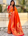 Orange Bandhani Weaves Silk Saree with Paithani Border & Pallu