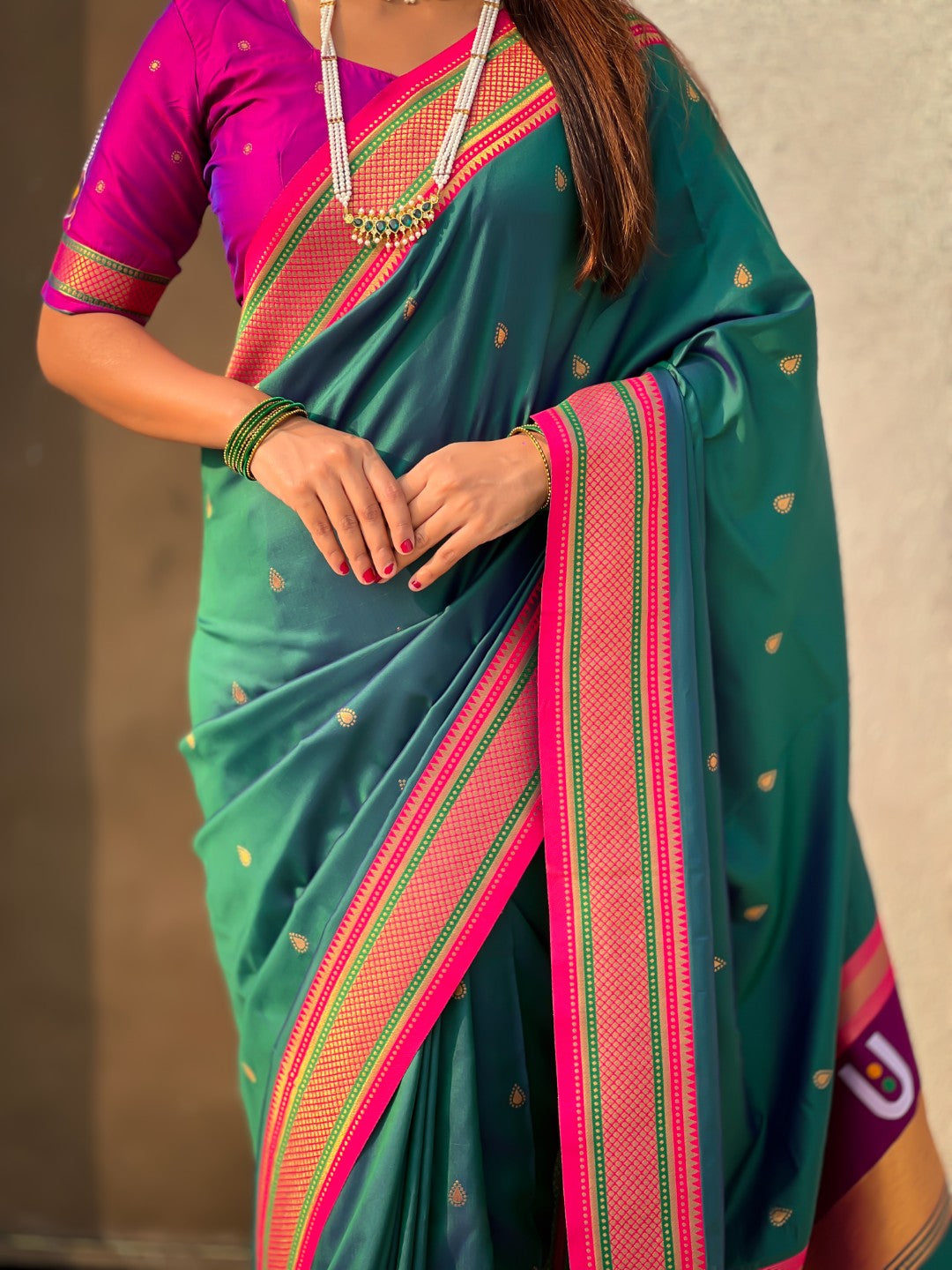 Peacock Blue Vitthal Rukmini Contrast Paithani Silk Zari Woven Saree