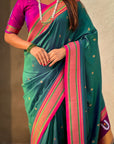 Peacock Blue Vitthal Rukmini Contrast Paithani Silk Zari Woven Saree
