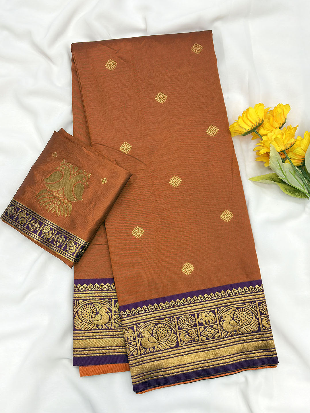 Rust Soft Kanjivaram Silk Zari Woven Traditional Saree
