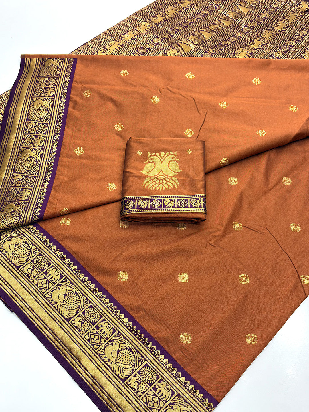 Rust Soft Kanjivaram Silk Zari Woven Traditional Saree