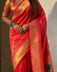 Red Tissue Paithani Silk Zari Woven Brocade Saree