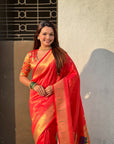 Red Tissue Paithani Silk Zari Woven Brocade Saree