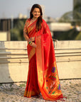 Red Tissue Paithani Silk Zari Woven Brocade Saree