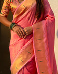 Baby Pink Tissue Paithani Silk Zari Woven Brocade Saree