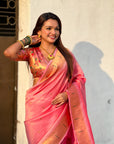Baby Pink Tissue Paithani Silk Zari Woven Brocade Saree