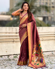 Wine Tissue Paithani Silk Zari Woven Brocade Saree