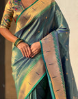 Peacock Blue Tissue Paithani Silk Zari Woven Brocade Saree