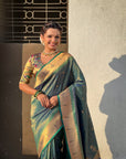 Peacock Blue Tissue Paithani Silk Zari Woven Brocade Saree