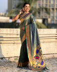 Peacock Blue Tissue Paithani Silk Zari Woven Brocade Saree