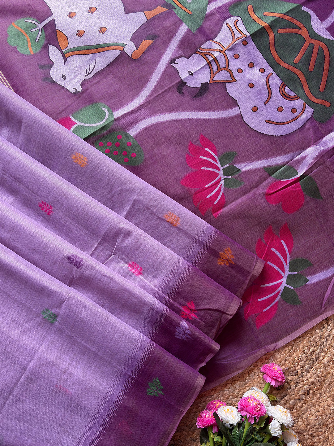 Lavender Premium Soft Ikkat Cotton with Pichwai Pattern Saree