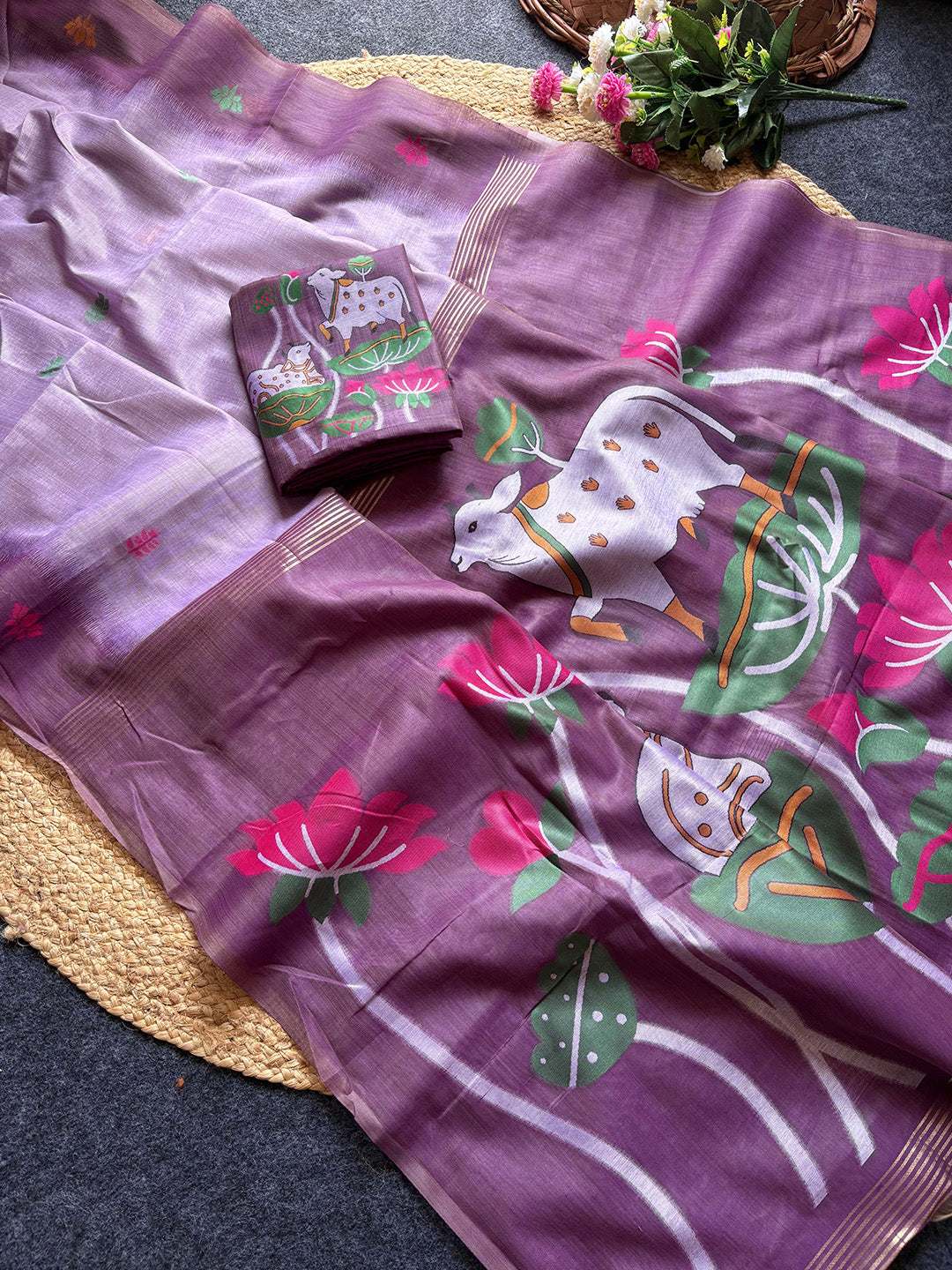 Lavender Premium Soft Ikkat Cotton with Pichwai Pattern Saree