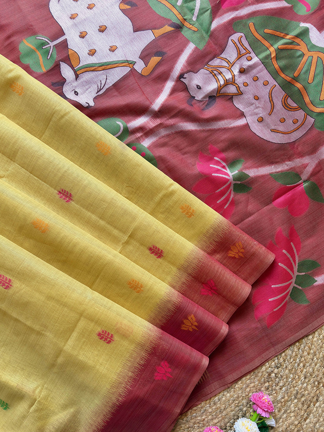 Yellow Premium Soft Ikkat Cotton with Pichwai Pattern Saree