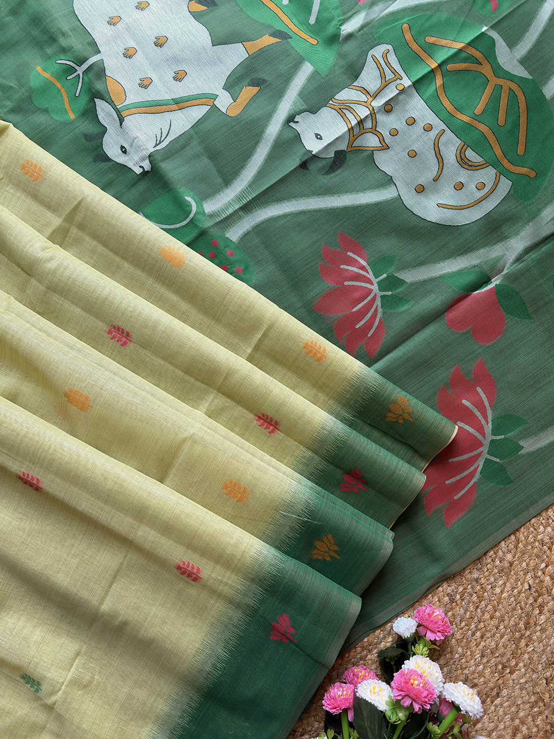 Pista Green Premium Soft Ikkat Cotton with Pichwai Pattern Saree