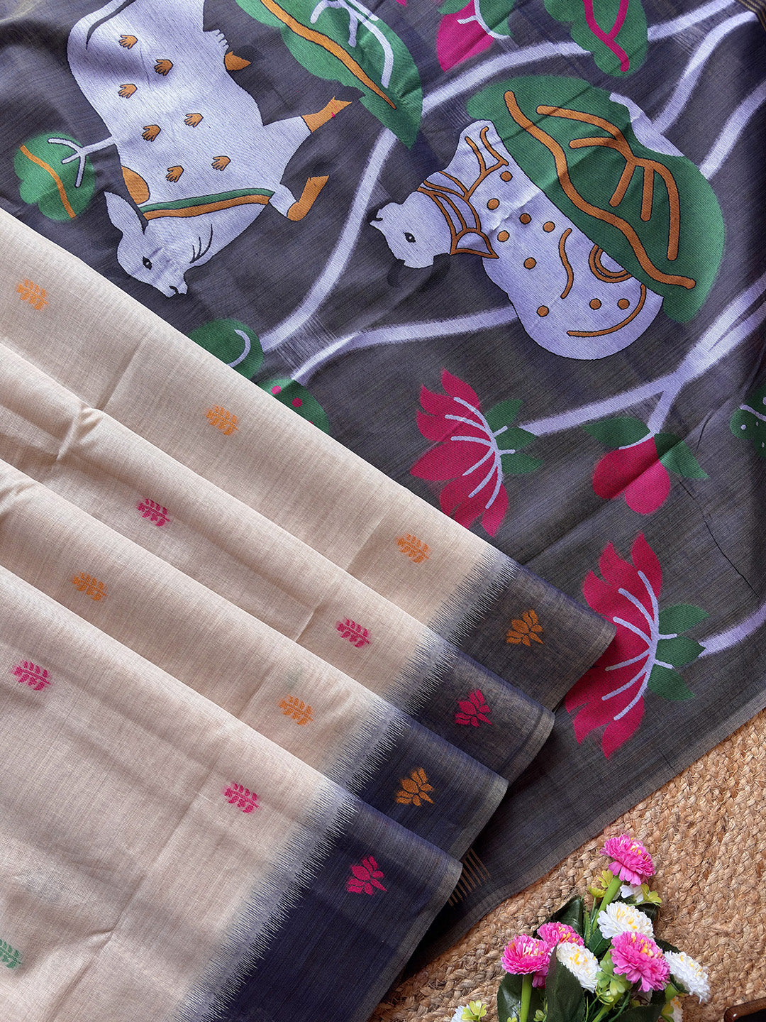 White Premium Soft Ikkat Cotton with Pichwai Pattern Saree