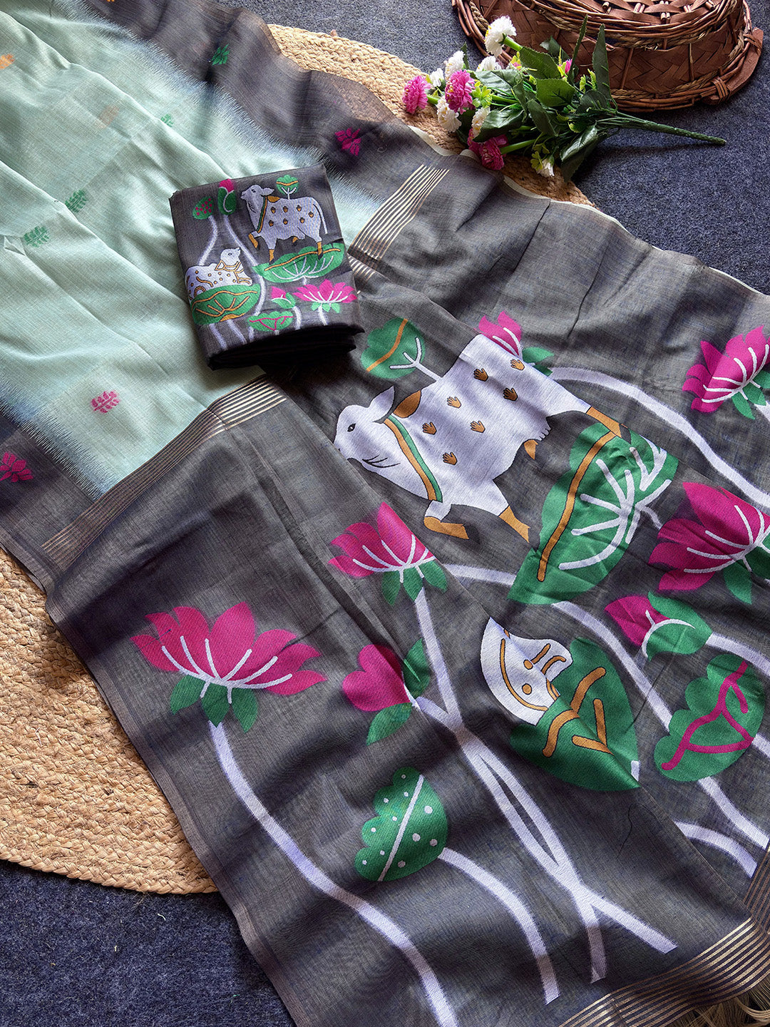 Sky Blue Premium Soft Ikkat Cotton with Pichwai Pattern Saree
