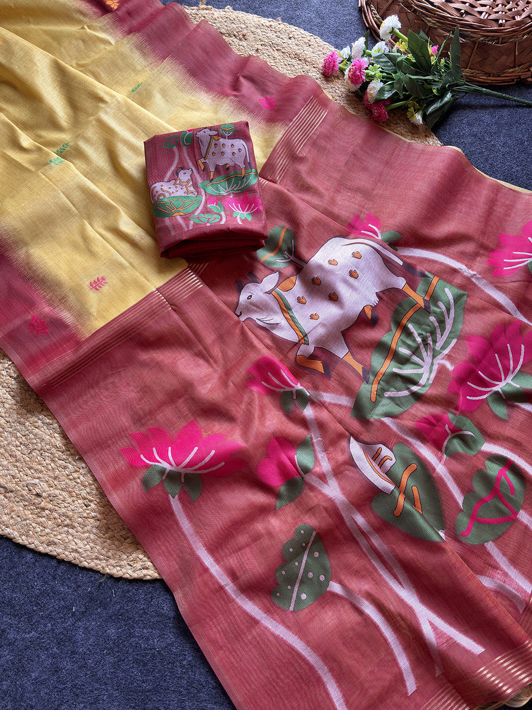 Yellow Premium Soft Ikkat Cotton with Pichwai Pattern Saree