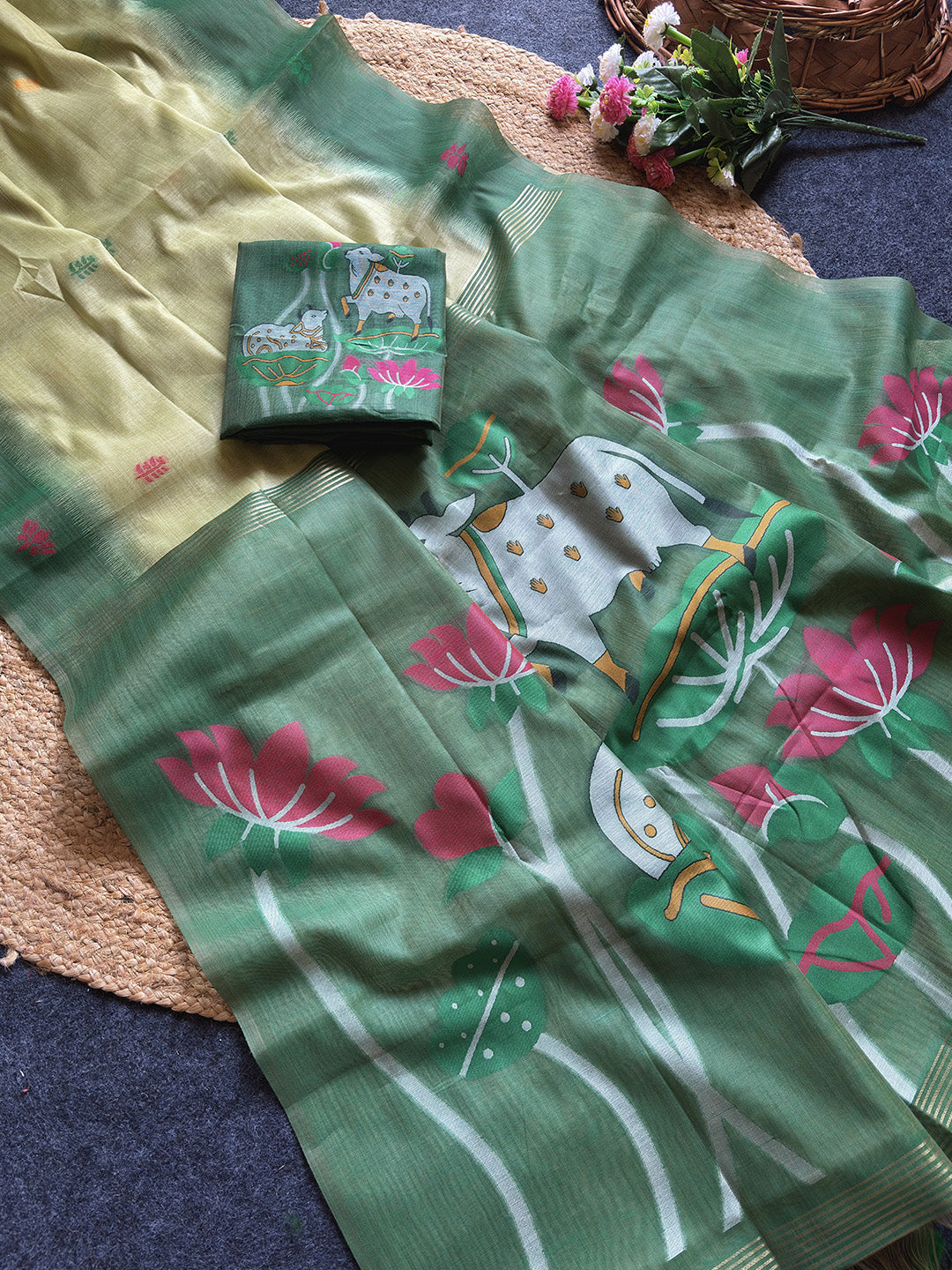 Pista Green Premium Soft Ikkat Cotton with Pichwai Pattern Saree