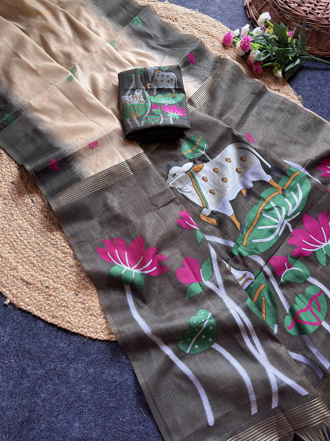 Chickoo Premium Soft Ikkat Cotton with Pichwai Pattern Saree