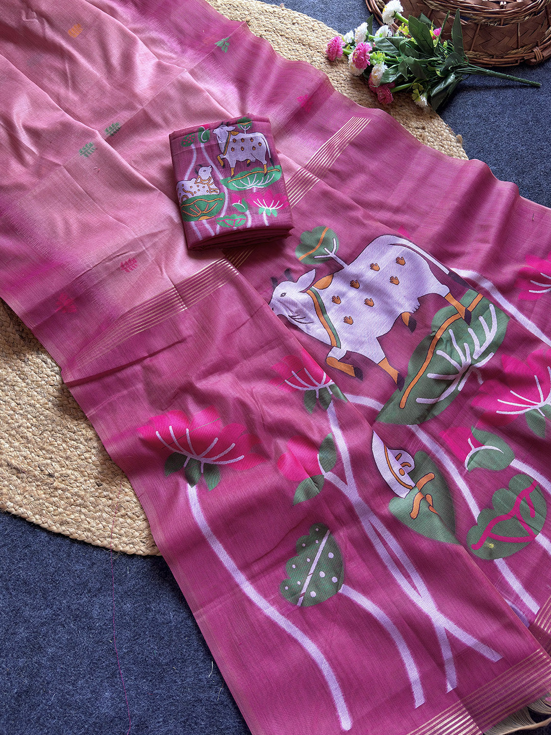 Pink Premium Soft Ikkat Cotton with Pichwai Pattern Saree