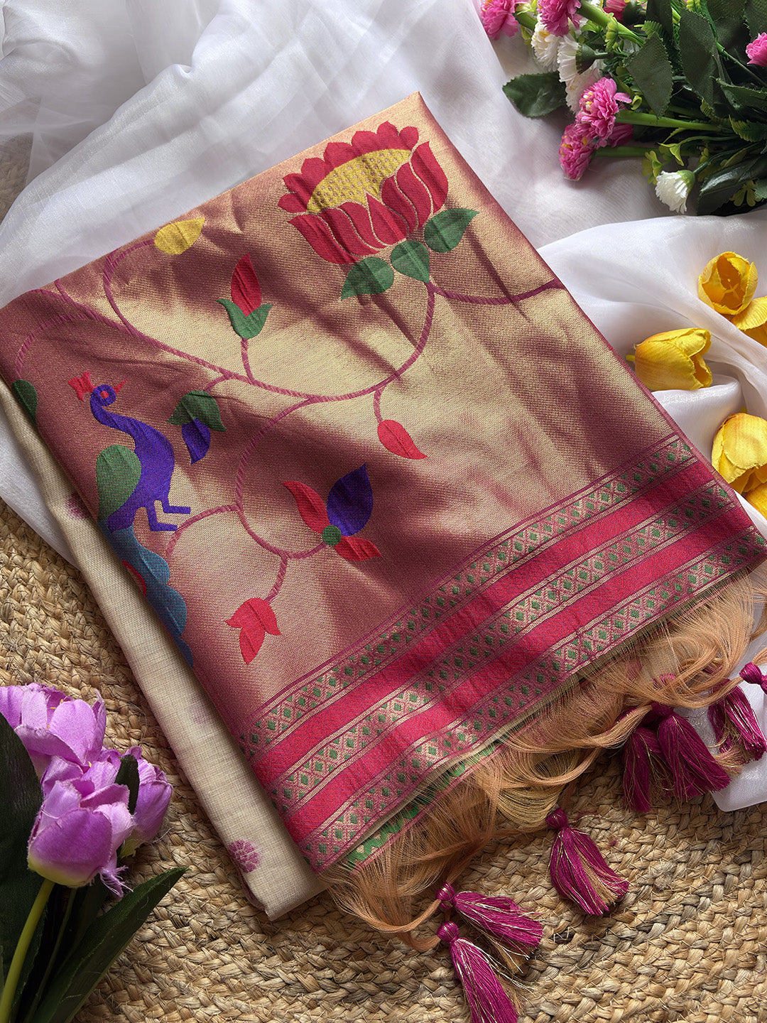 White Premium Soft Tussar Silk Paithani Zari Woven Saree
