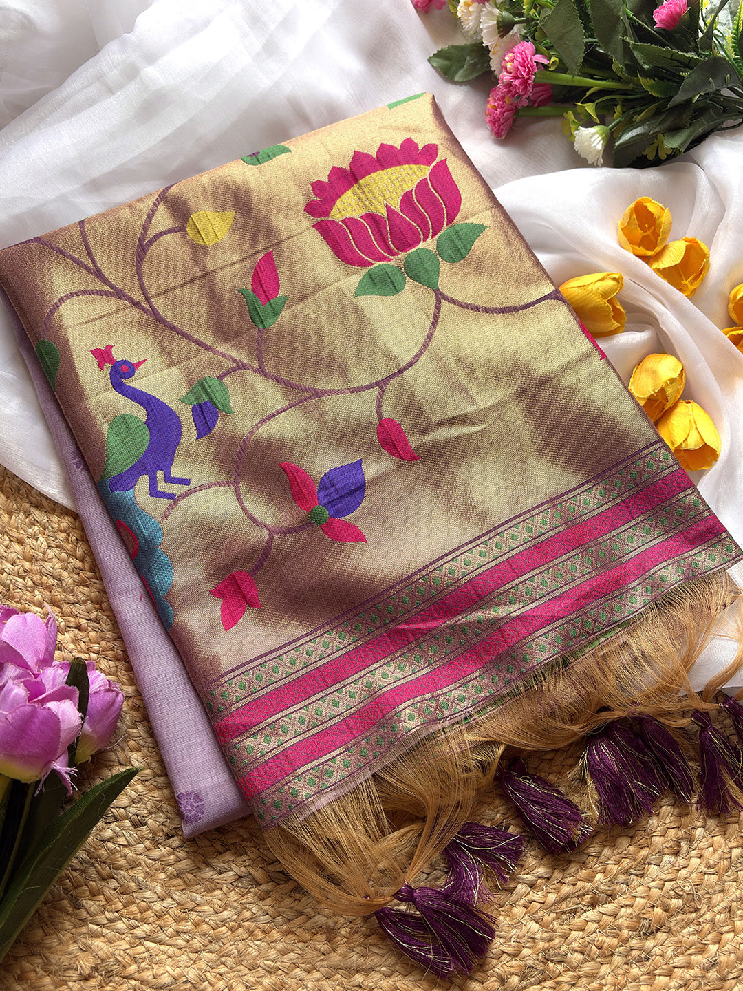 Lavender Premium Soft Tussar Silk Paithani Zari Woven Saree