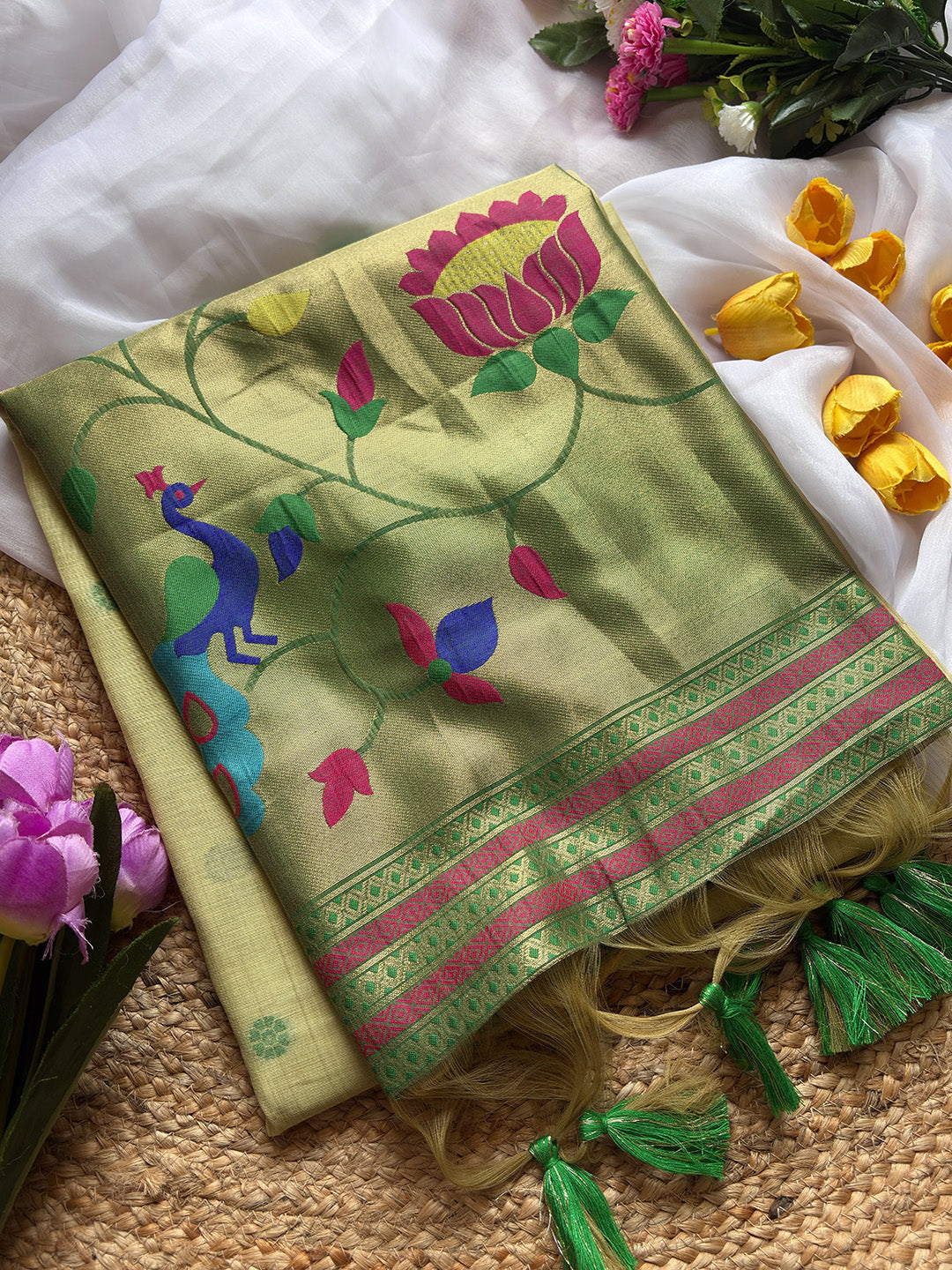Pista Green Premium Soft Tussar Silk Paithani Zari Woven Saree