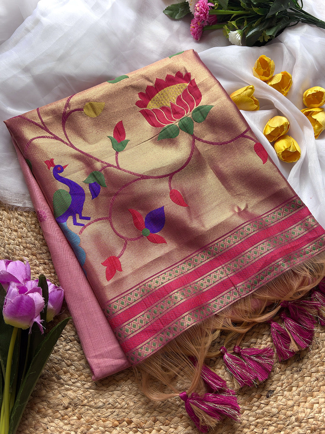 Pink Premium Soft Tussar Silk Paithani Zari Woven Saree