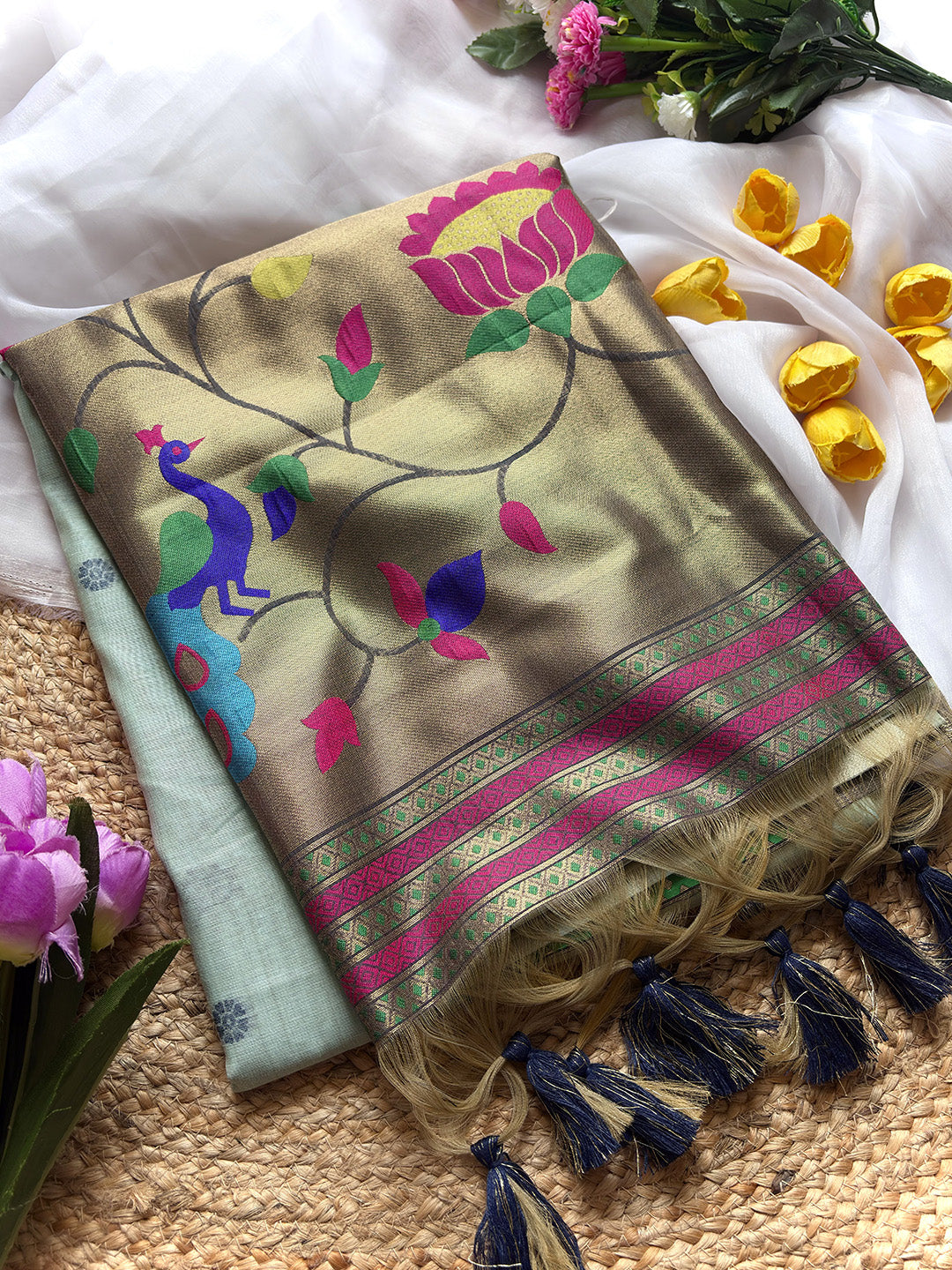 Sky Blue Premium Soft Tussar Silk Paithani Zari Woven Saree