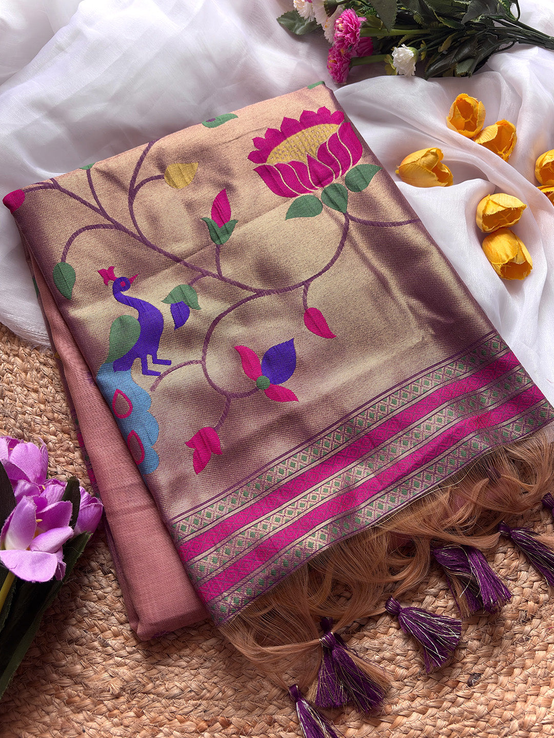 Peach Premium Soft Tussar Silk Paithani Zari Woven Saree