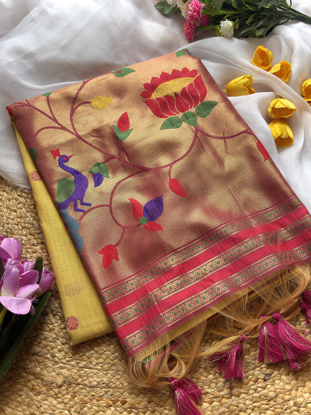 Yellow Premium Soft Tussar Silk Paithani Zari Woven Saree