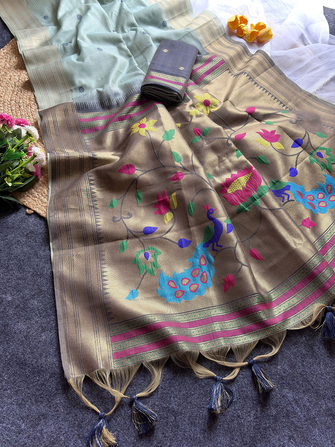 Sky Blue Premium Soft Tussar Silk Paithani Zari Woven Saree