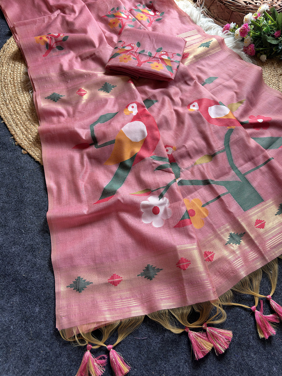 Pink Traditional Soft Chanderi Cotton American Parrot Pattern Saree