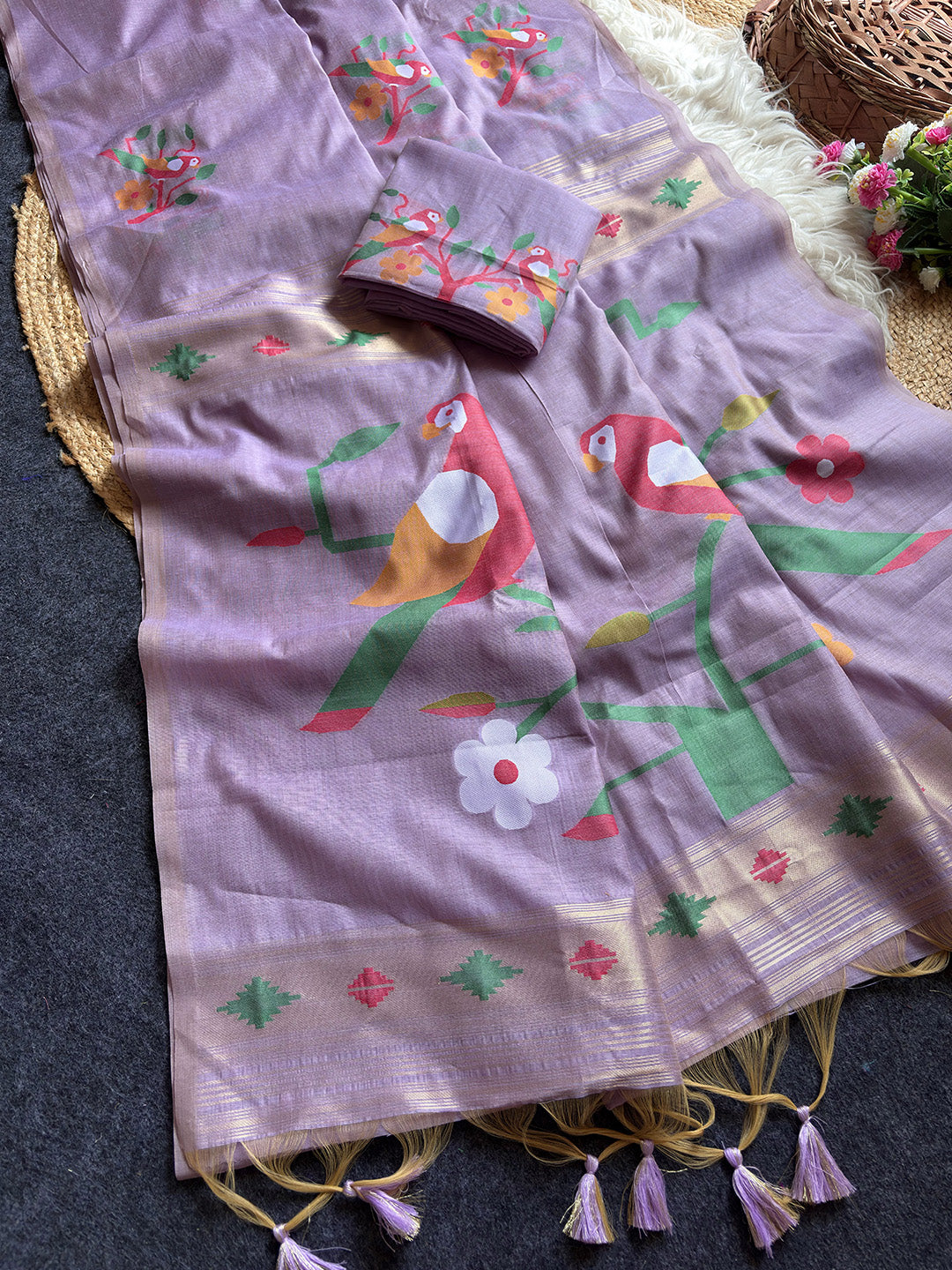 Lavender Traditional Soft Chanderi Cotton American Parrot Pattern Saree