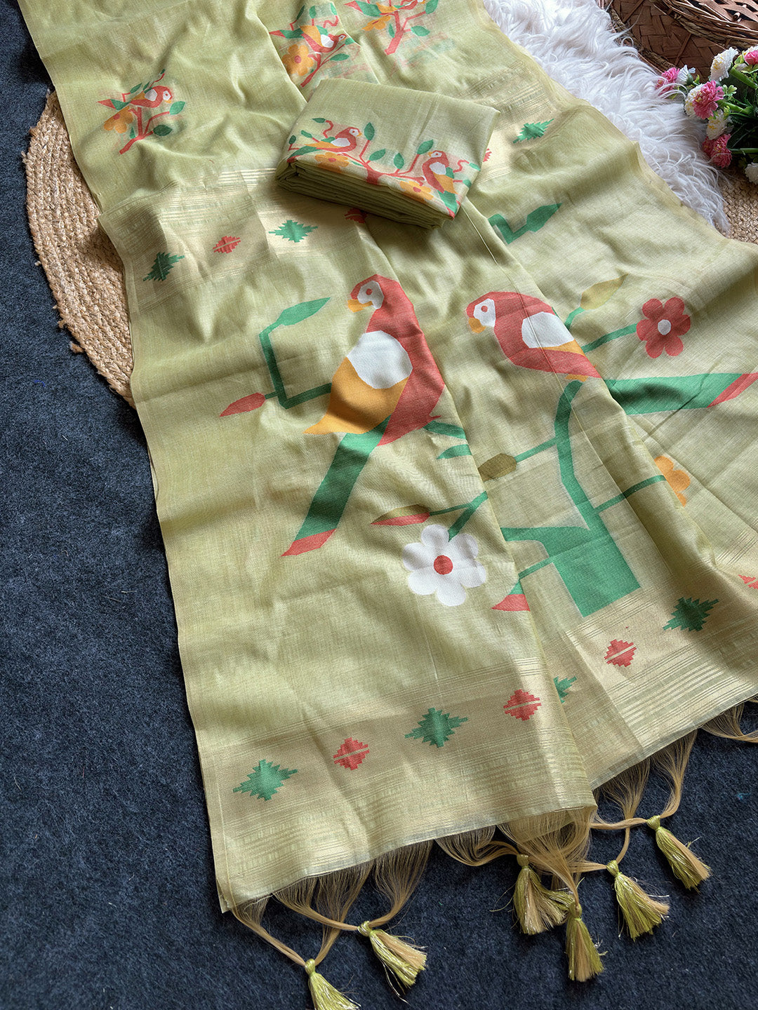 Pista Green Traditional Soft Chanderi Cotton American Parrot Pattern Saree