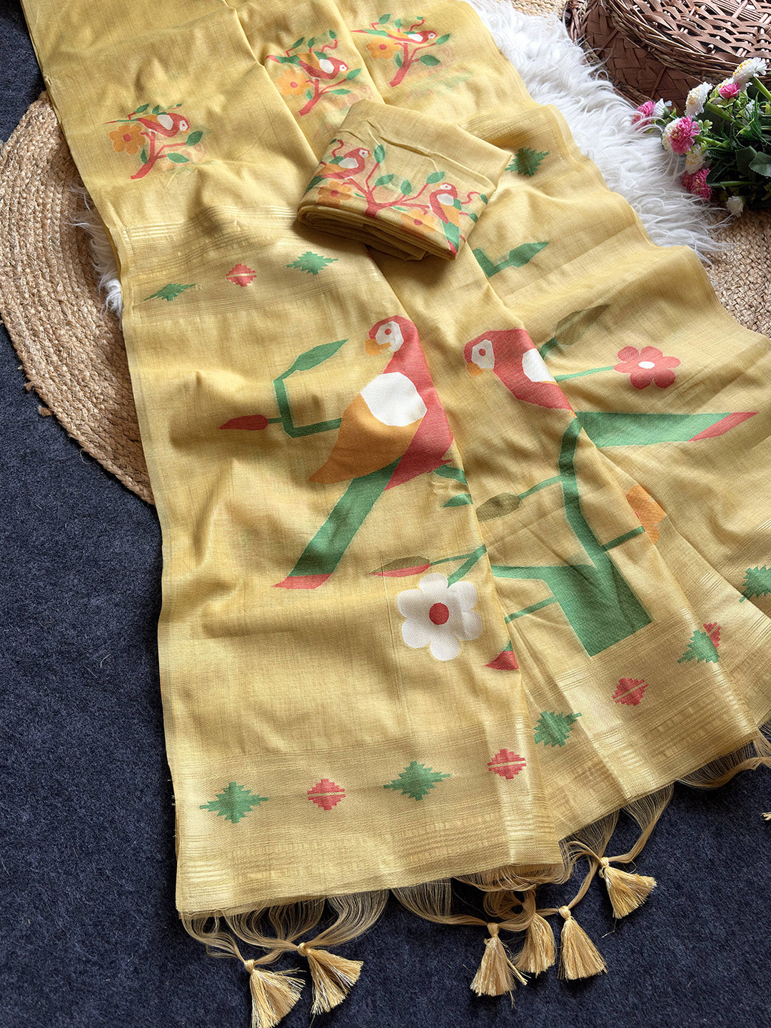 Yellow Traditional Soft Chanderi Cotton American Parrot Pattern Saree