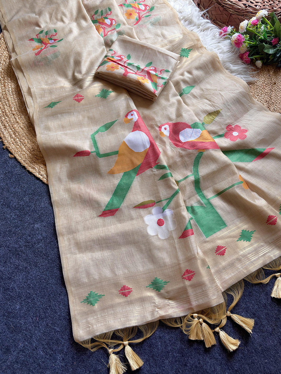 White Traditional Soft Chanderi Cotton American Parrot Pattern Saree