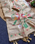 White Traditional Soft Chanderi Cotton American Parrot Pattern Saree