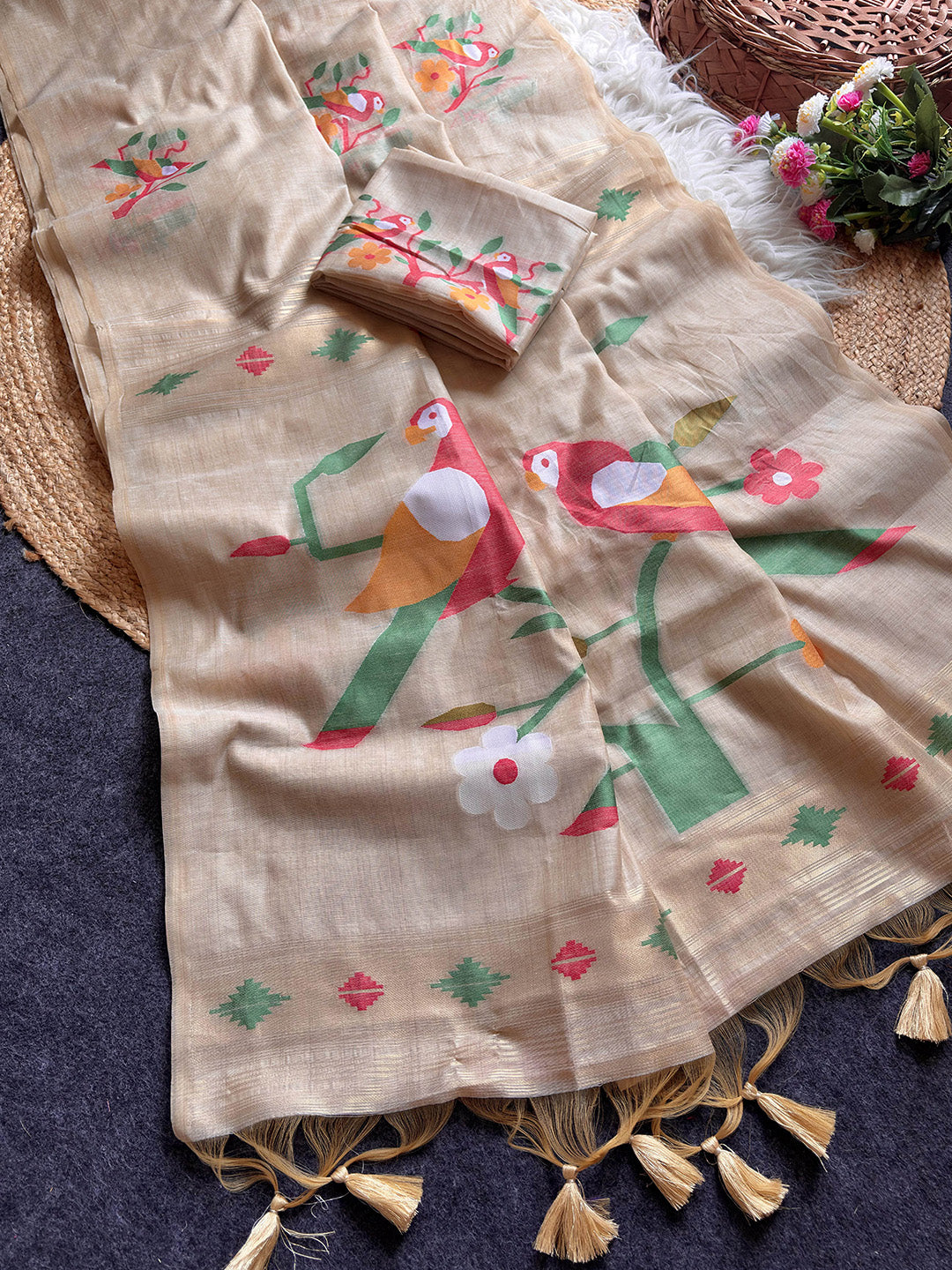 Chickoo Traditional Soft Chanderi Cotton American Parrot Pattern Saree
