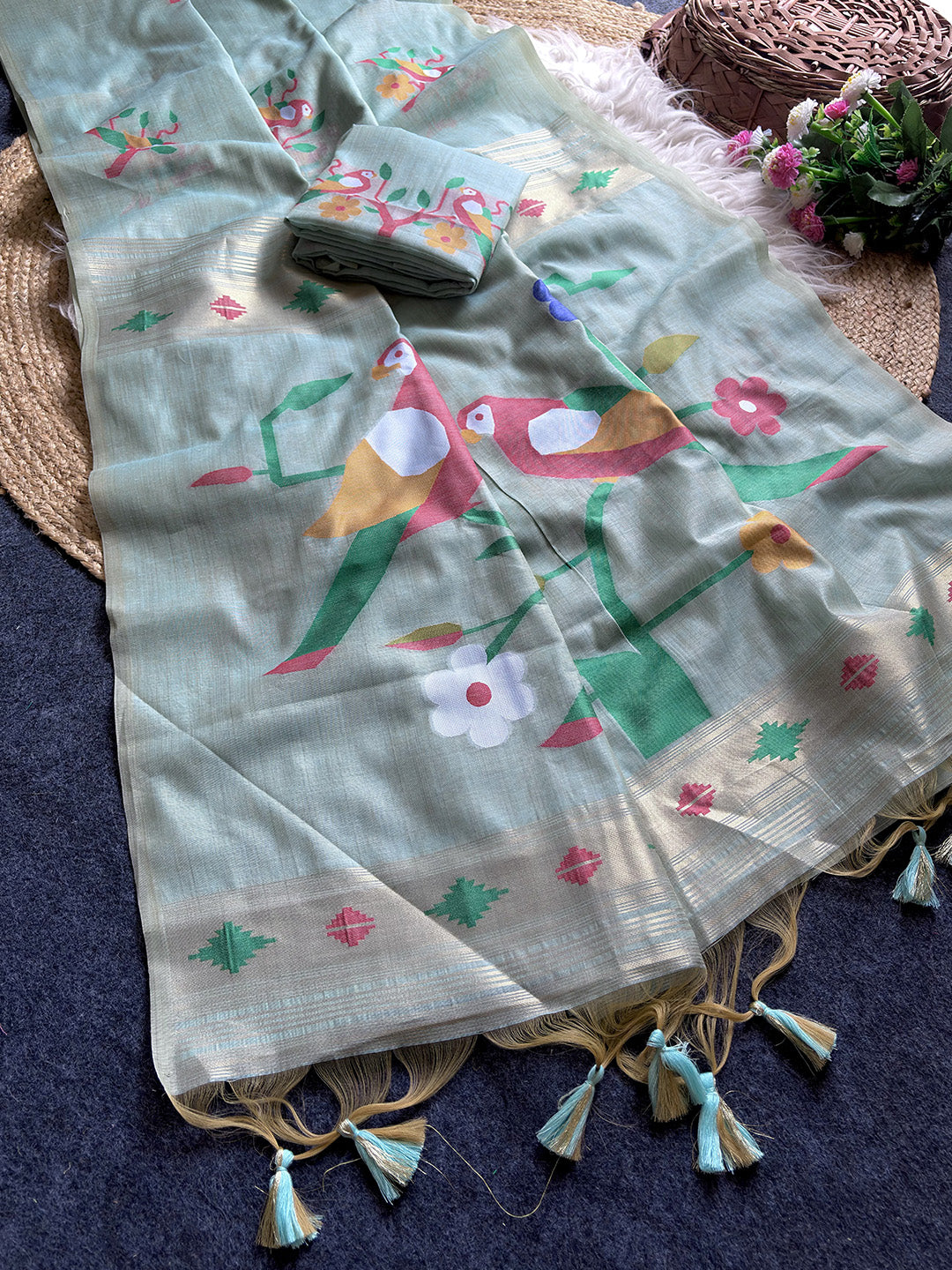 Sky Blue Traditional Soft Chanderi Cotton American Parrot Pattern Saree