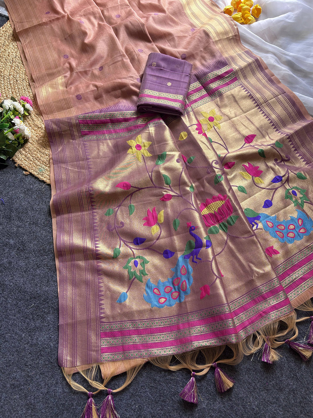 Peach Premium Soft Tussar Silk Paithani Zari Woven Saree