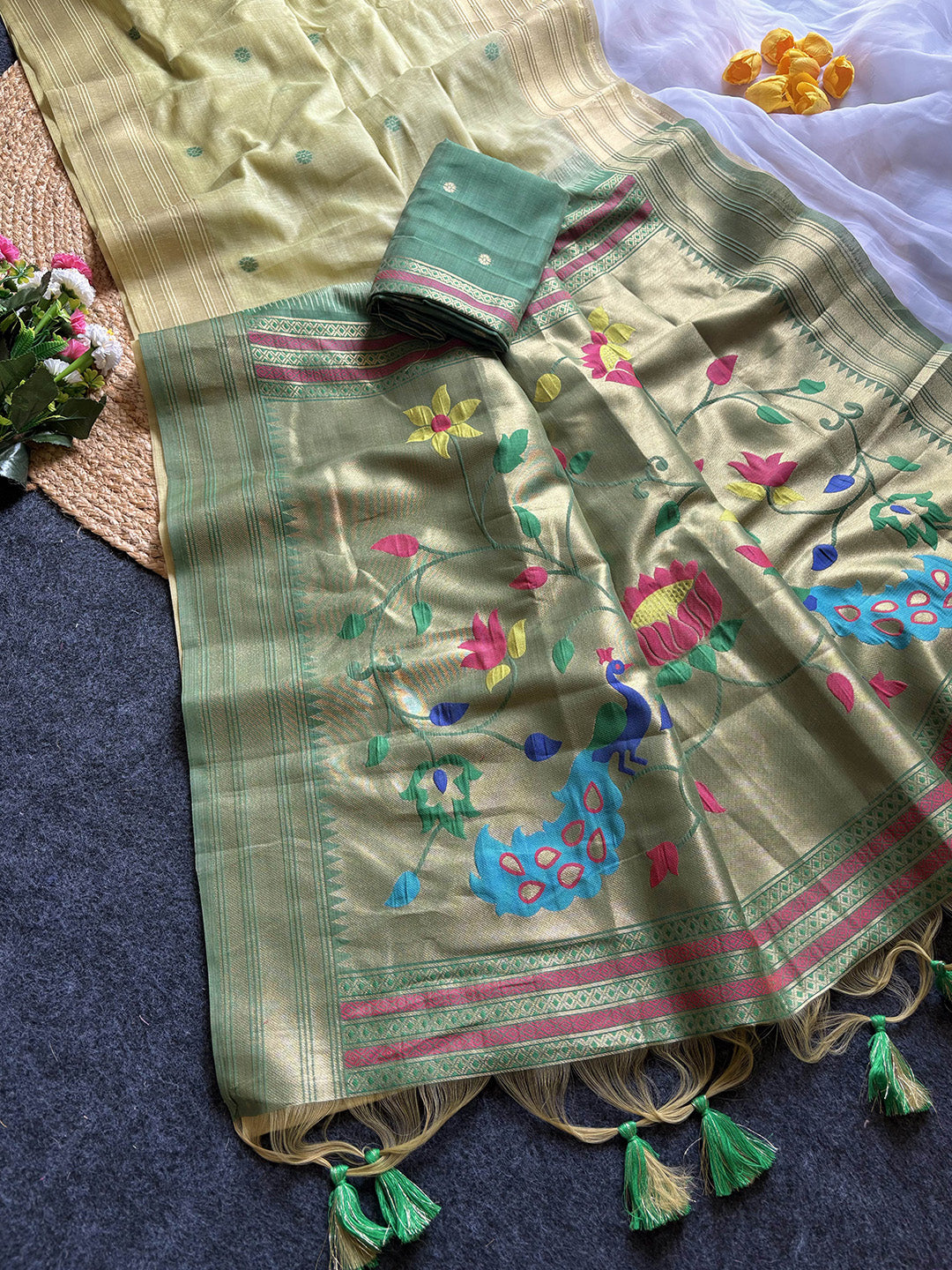 Pista Green Premium Soft Tussar Silk Paithani Zari Woven Saree
