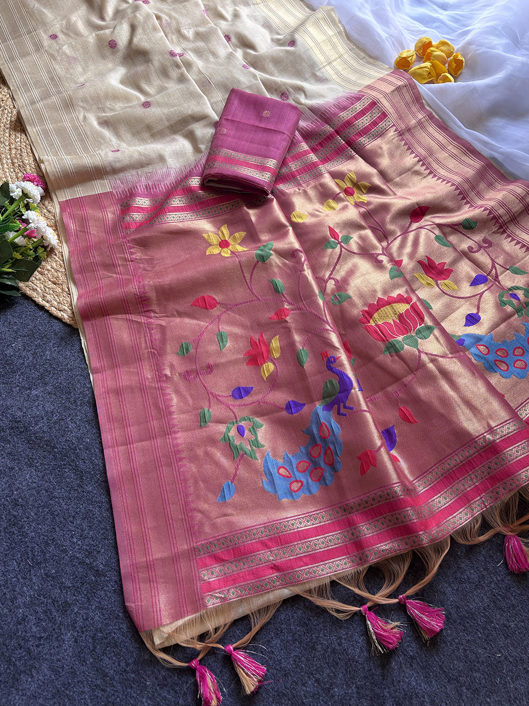 White Premium Soft Tussar Silk Paithani Zari Woven Saree