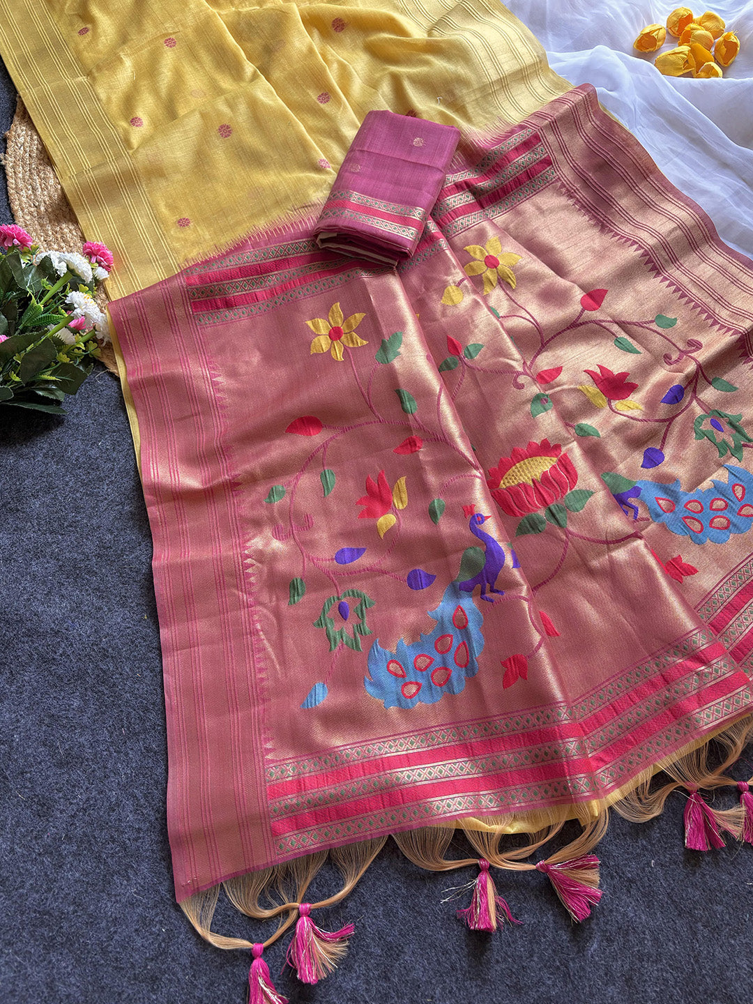 Yellow Premium Soft Tussar Silk Paithani Zari Woven Saree