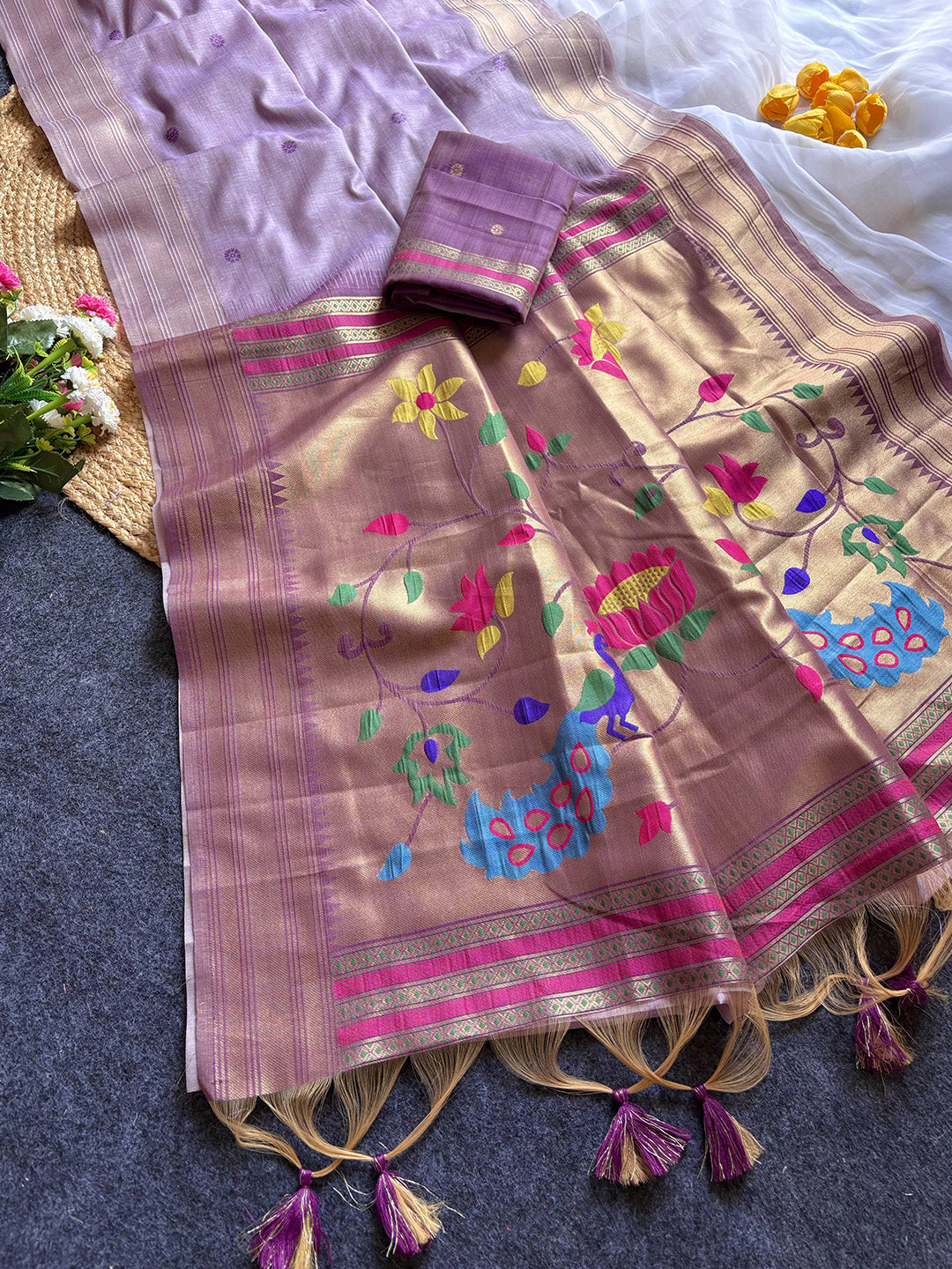 Lavender Premium Soft Tussar Silk Paithani Zari Woven Saree