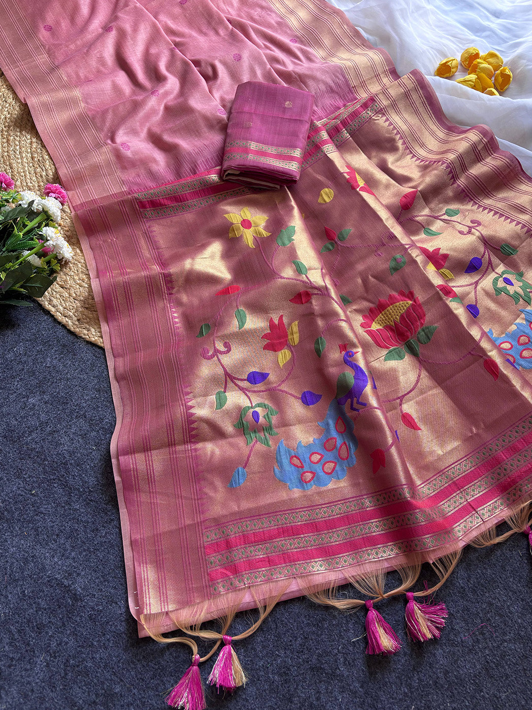 Pink Premium Soft Tussar Silk Paithani Zari Woven Saree