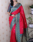 Rani Pink Soft Banarasi Silk Zari Work Saree with Flower Pattern Border