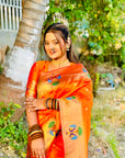 Orange Paithani Silk Saree with Peacock Motifs Rich Zari Border