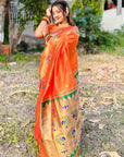 Orange Paithani Silk Saree with Peacock Motifs Rich Zari Border