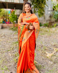 Orange Paithani Silk Saree with Peacock Motifs Rich Zari Border
